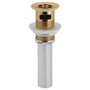 Polished gold grid strainer with overflow and white sink tailpiece assembly for bathroom vanities.