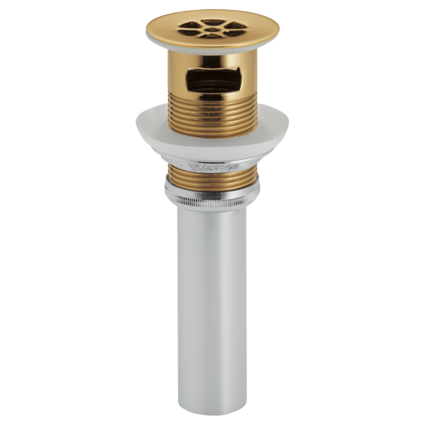 Polished gold grid strainer with overflow and white sink tailpiece assembly for bathroom vanities.