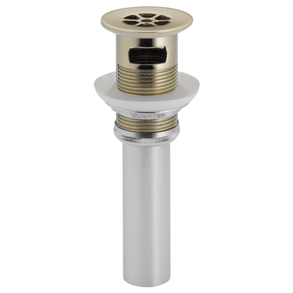 Polished nickel grid strainer with overflow for sink drain, featuring perforated top and threaded brass components.