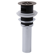 Brizo Venetian bronze grid strainer with overflow, featuring black perforated top cap and white cylindrical body with threade