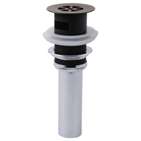 Brizo Venetian bronze grid strainer with overflow, featuring black perforated top cap and white cylindrical body with threade