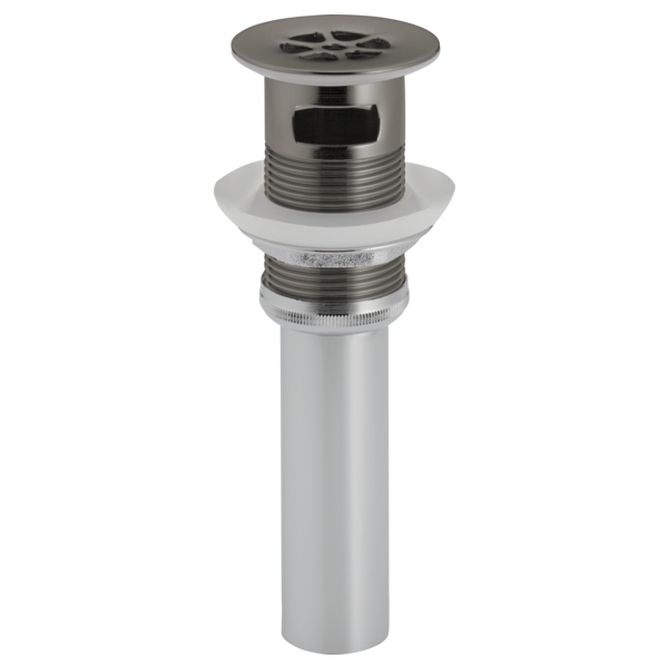 Luxe steel grid strainer with overflow outlet and threaded connection components for sink installation.