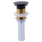 Matte black push button pop-up drain assembly with brass threading and white plastic body components shown in exploded view.