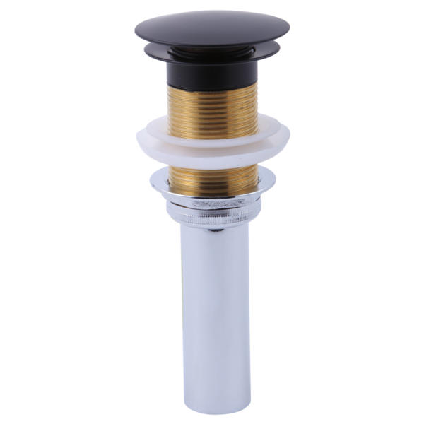 Matte black push button pop-up drain assembly with brass threading and white plastic body components shown in exploded view.
