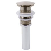 Brushed nickel push-button pop-up drain assembly with white PVC pipe and threaded metal components.