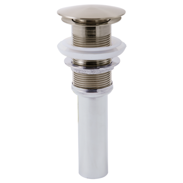Brushed nickel push-button pop-up drain assembly with white PVC pipe and threaded metal components.