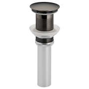 Black onyx push button pop-up drain assembly with threaded body and white mounting components.