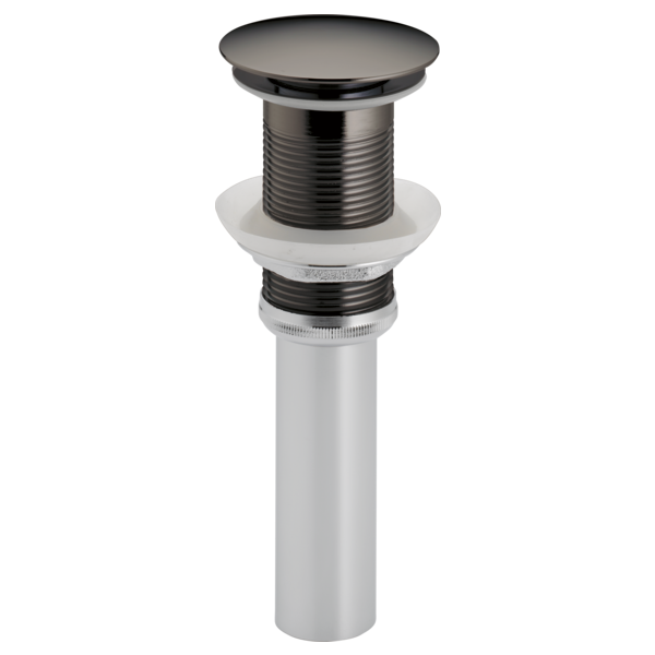 Black onyx push button pop-up drain assembly with threaded body and white mounting components.