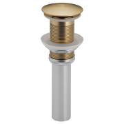 Luxe gold push button pop-up drain stopper with white mounting components and threaded brass body.