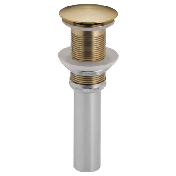 Luxe gold push button pop-up drain stopper with white mounting components and threaded brass body.
