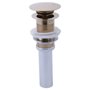 Polished nickel push-button pop-up drain with threaded brass body and white plastic pipe extending downward.