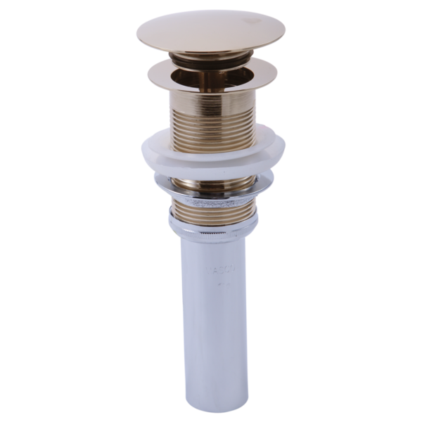 Polished nickel push-button pop-up drain with threaded brass body and white plastic pipe extending downward.