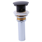 Matte black push button pop-up drain with overflow, featuring a wide cap top and white cylindrical body with brass fittings.