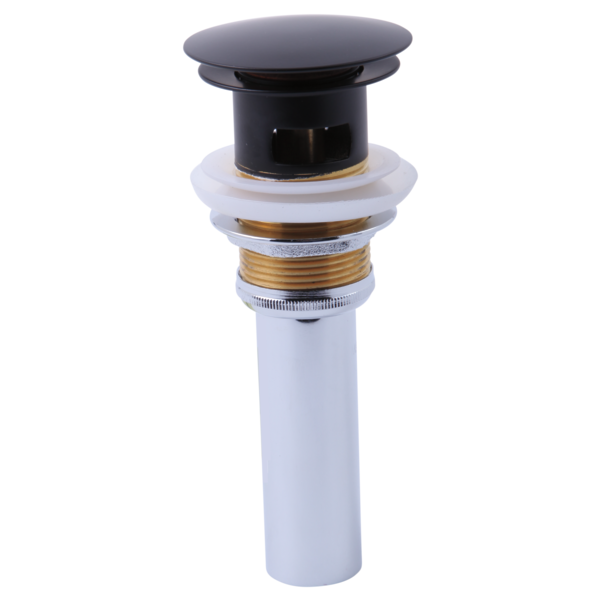 Matte black push button pop-up drain with overflow, featuring a wide cap top and white cylindrical body with brass fittings.