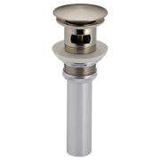 Luxe nickel push button pop-up drain assembly with overflow feature and cylindrical body.