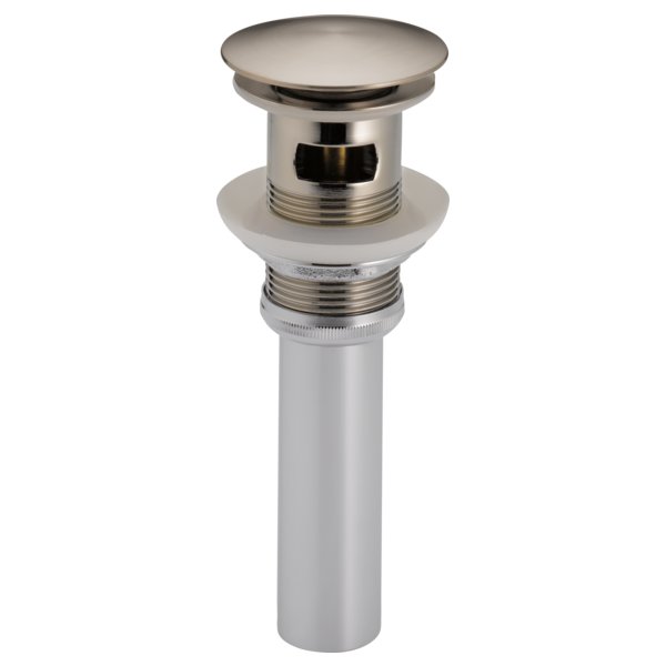 Luxe nickel push button pop-up drain assembly with overflow feature and cylindrical body.