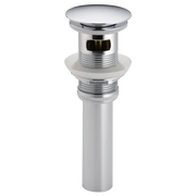 Chrome push-button pop-up drain with overflow, featuring a round cap and cylindrical body with threaded connector.