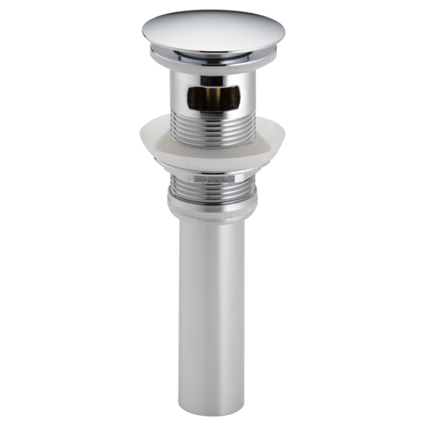 Chrome push-button pop-up drain with overflow, featuring a round cap and cylindrical body with threaded connector.