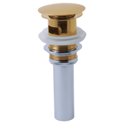 Polished gold push button pop-up drain with overflow and white mounting components.