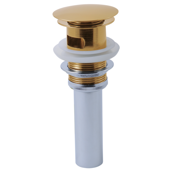Polished gold push button pop-up drain with overflow and white mounting components.