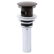 Venetian bronze push button pop-up drain with overflow, showing dark button cap and white cylindrical body with internal comp