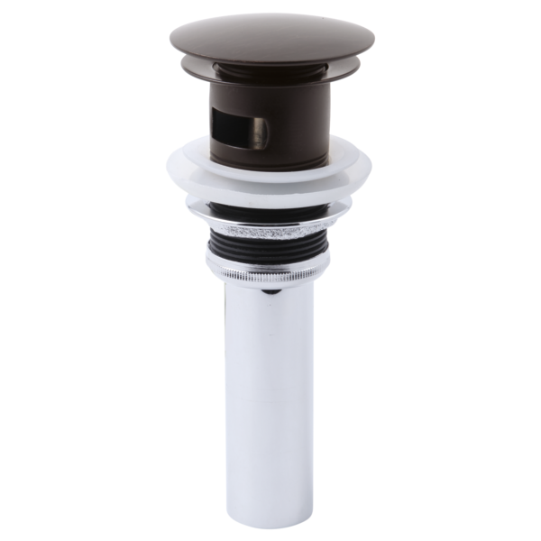 Venetian bronze push button pop-up drain with overflow, showing dark button cap and white cylindrical body with internal comp