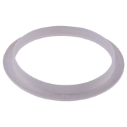Gray rubber gasket ring with hollow oval center, viewed from an angle.
