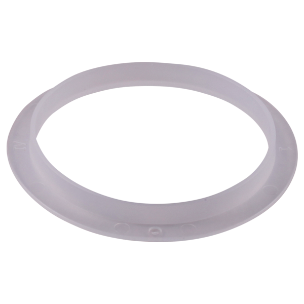 Gray rubber gasket ring with hollow oval center, viewed from an angle.