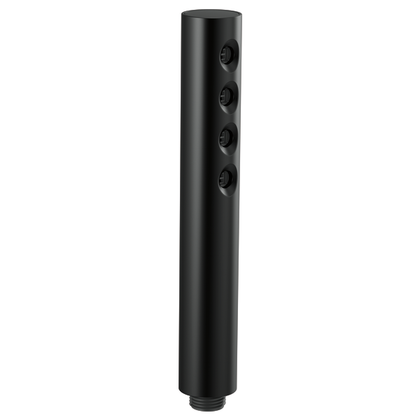 Matte black cylindrical handshower with four circular spray jets arranged vertically along the barrel.