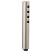 Brushed nickel cylindrical handshower with four black spray nozzles aligned vertically along the shaft.