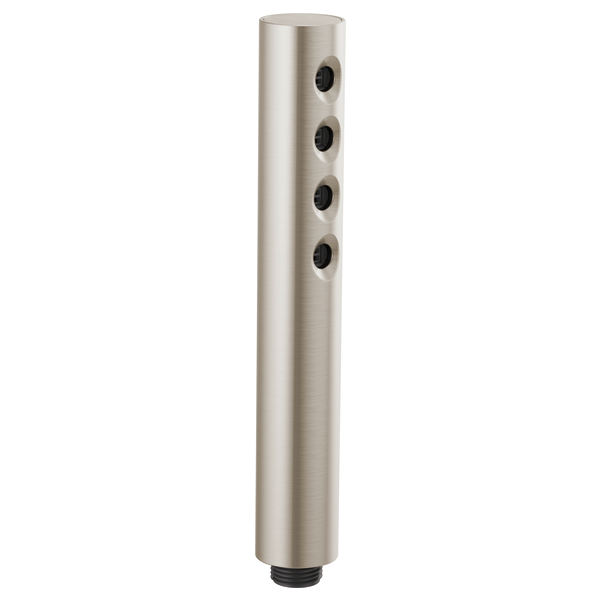 Brushed nickel cylindrical handshower with four black spray nozzles aligned vertically along the shaft.
