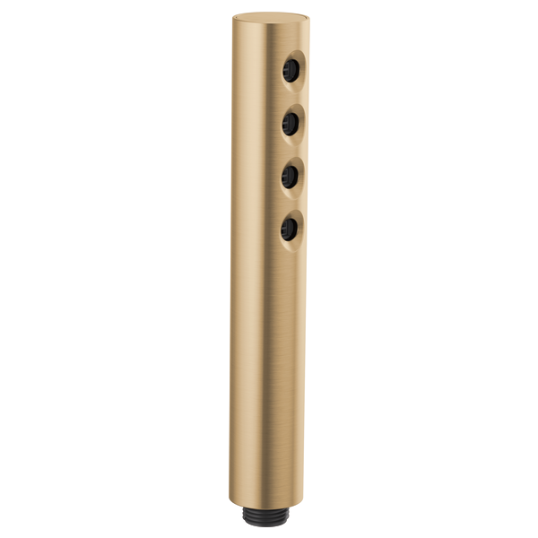 Luxe gold cylindrical handheld showerhead with four black spray nozzles aligned vertically.
