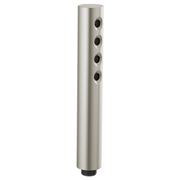 Brushed nickel cylindrical handshower with four black circular spray outlets arranged vertically along the barrel.