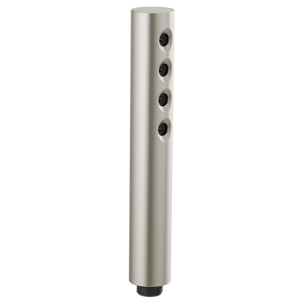 Brushed nickel cylindrical handshower with four black circular spray outlets arranged vertically along the barrel.