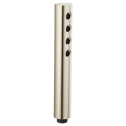 Polished nickel cylindrical handheld showerhead with four black spray nozzles arranged vertically on the body.