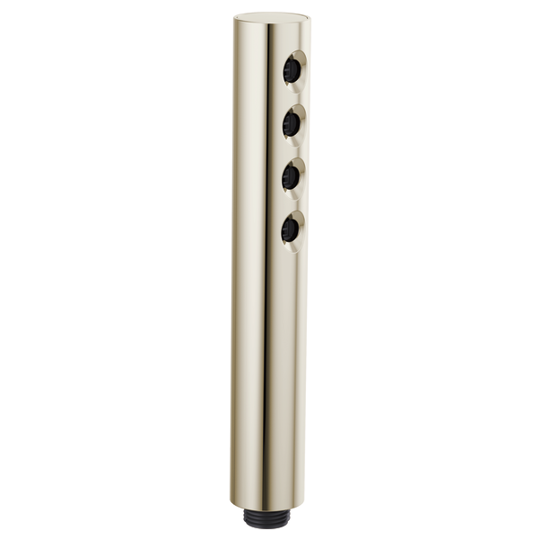 Polished nickel cylindrical handheld showerhead with four black spray nozzles arranged vertically on the body.