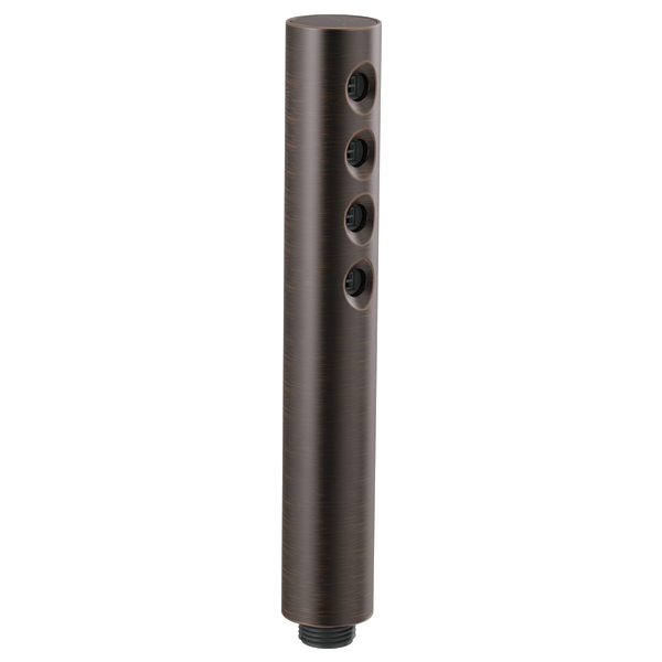 Vertical cylindrical Venetian bronze handshower with four circular spray outlets aligned along the shaft.