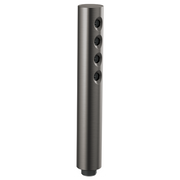 Cylindrical steel handshower in luxe steel finish with four circular spray outlets arranged vertically along the body.