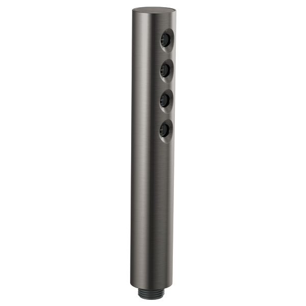 Cylindrical steel handshower in luxe steel finish with four circular spray outlets arranged vertically along the body.