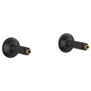 Two matte black wall-mount tub filler unions with brass connection ports.