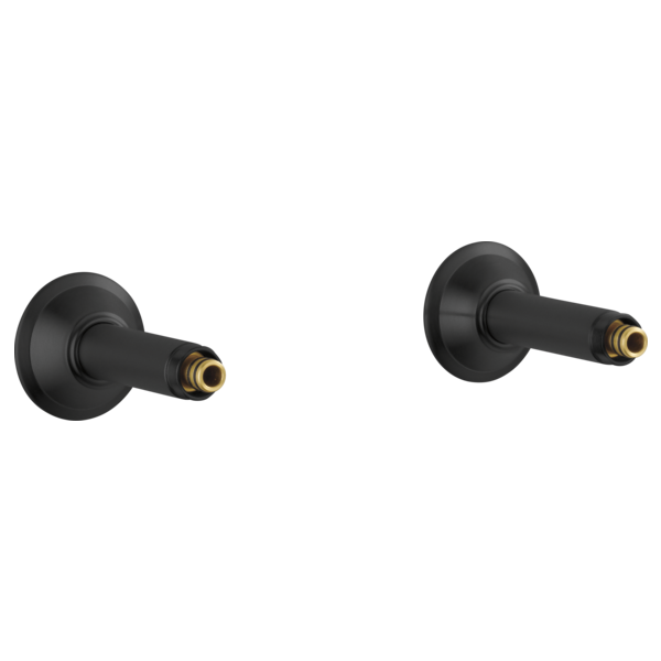 Two matte black wall-mount tub filler unions with brass connection ports.