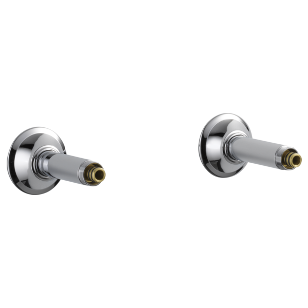 Pair of chrome wall mount tub filler unions with brass connectors and circular flanges.