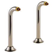 Pair of polished nickel deck mount tub filler risers with curved spouts and brass connectors.