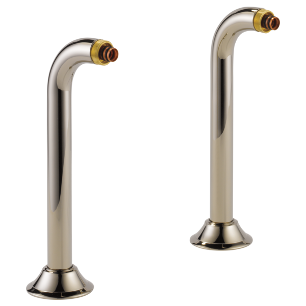 Pair of polished nickel deck mount tub filler risers with curved spouts and brass connectors.