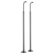 Two tall chrome tube risers with angled spouts and round base plates for floor mounting.
