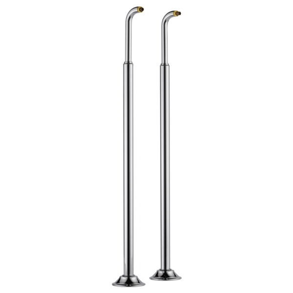 Two tall chrome tube risers with angled spouts and round base plates for floor mounting.