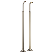 Pair of polished nickel floor-mount tub filler risers with curved spouts and circular base feet.