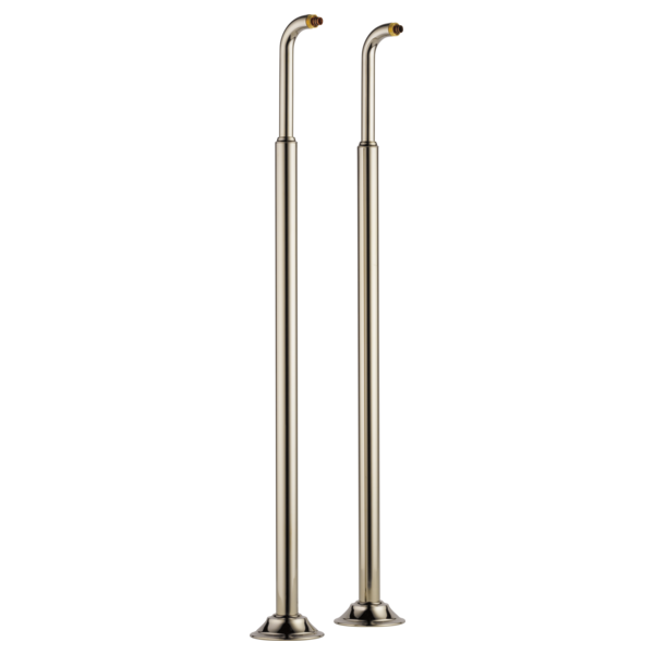 Pair of polished nickel floor-mount tub filler risers with curved spouts and circular base feet.