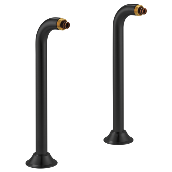 Two matte black curved riser extensions with brass fittings at top and round base mounts.