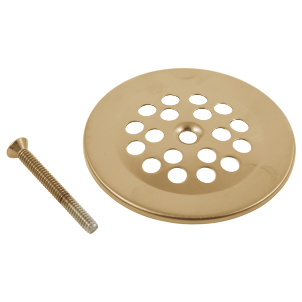 Champagne bronze dome strainer with multiple drainage holes and matching screw-in fastener.